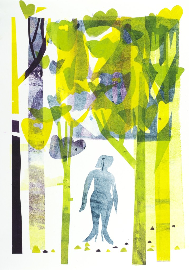 "Blue Ghost". 2013. A "ghost" is a second impression of a monotype plate, usually featuring softer, fainter inks and sometimes with added new elements.