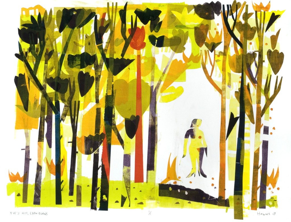 Joe Higgins Monotypes "Eve's Kiss; Eden Burns" 2013. Using color tonalities and repeated shapes to create visual complexity.