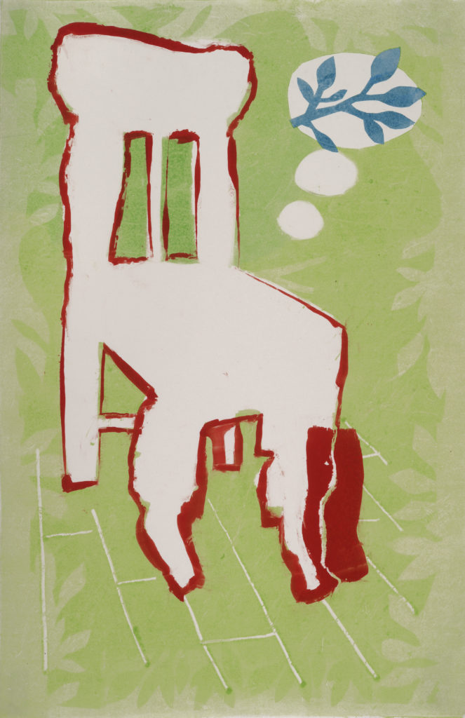 "Red Place", 2016, 20x13". It was built on a leafy yellow ghost image, with the green being a second layer, and the red being a final layer to highlight the negative/positive dichotomy of the chair. There is a sense, to me, that being "present" or truly in a "place" sometimes requires one to empty the mind.